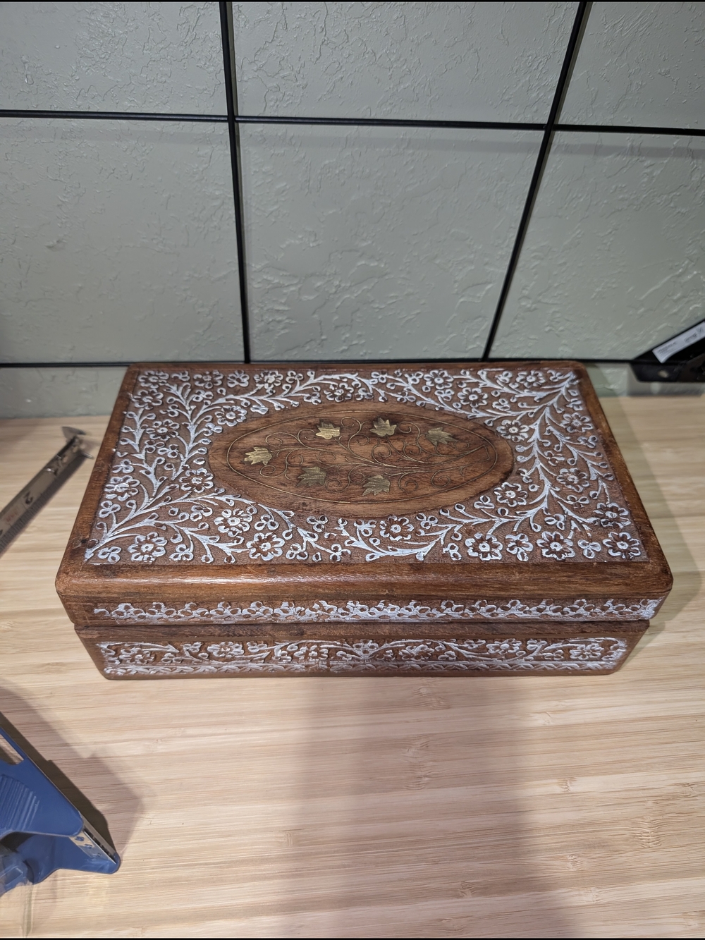 Hand-Carved Wooden Jewelry Box with White Inlay
